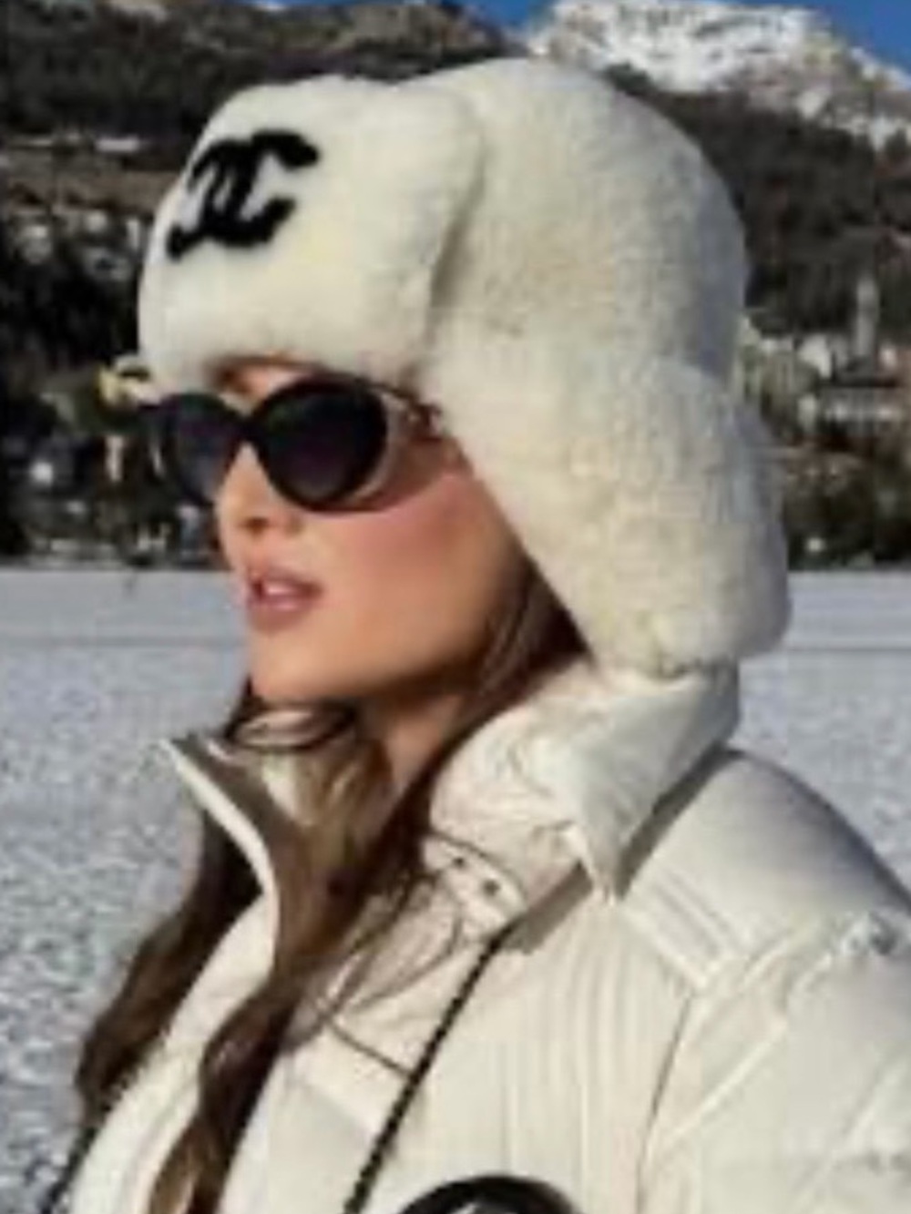 Double C Neige Faux Fur Chapka Winter Trapper Ski Hat Cap White Black Logo